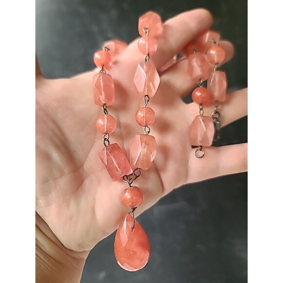 925 Sterling Silver Pink Glass Pendant Beaded Necklace Vintage - Picture 4 of 10